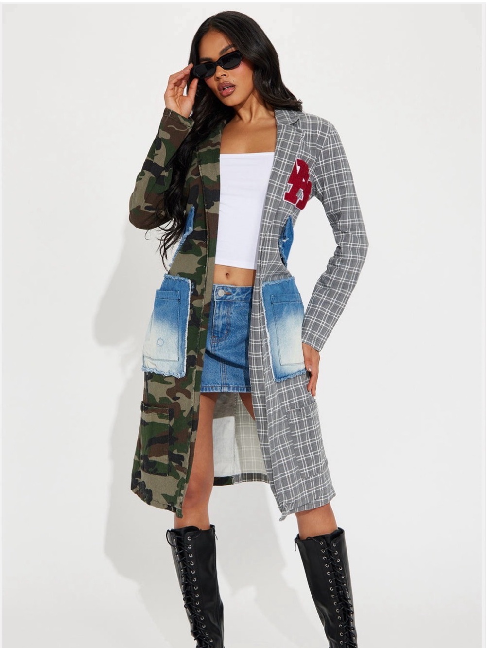 Fashion Nova Women’s Mixed Camouflage & Plaid Long Coat - Green/Gray